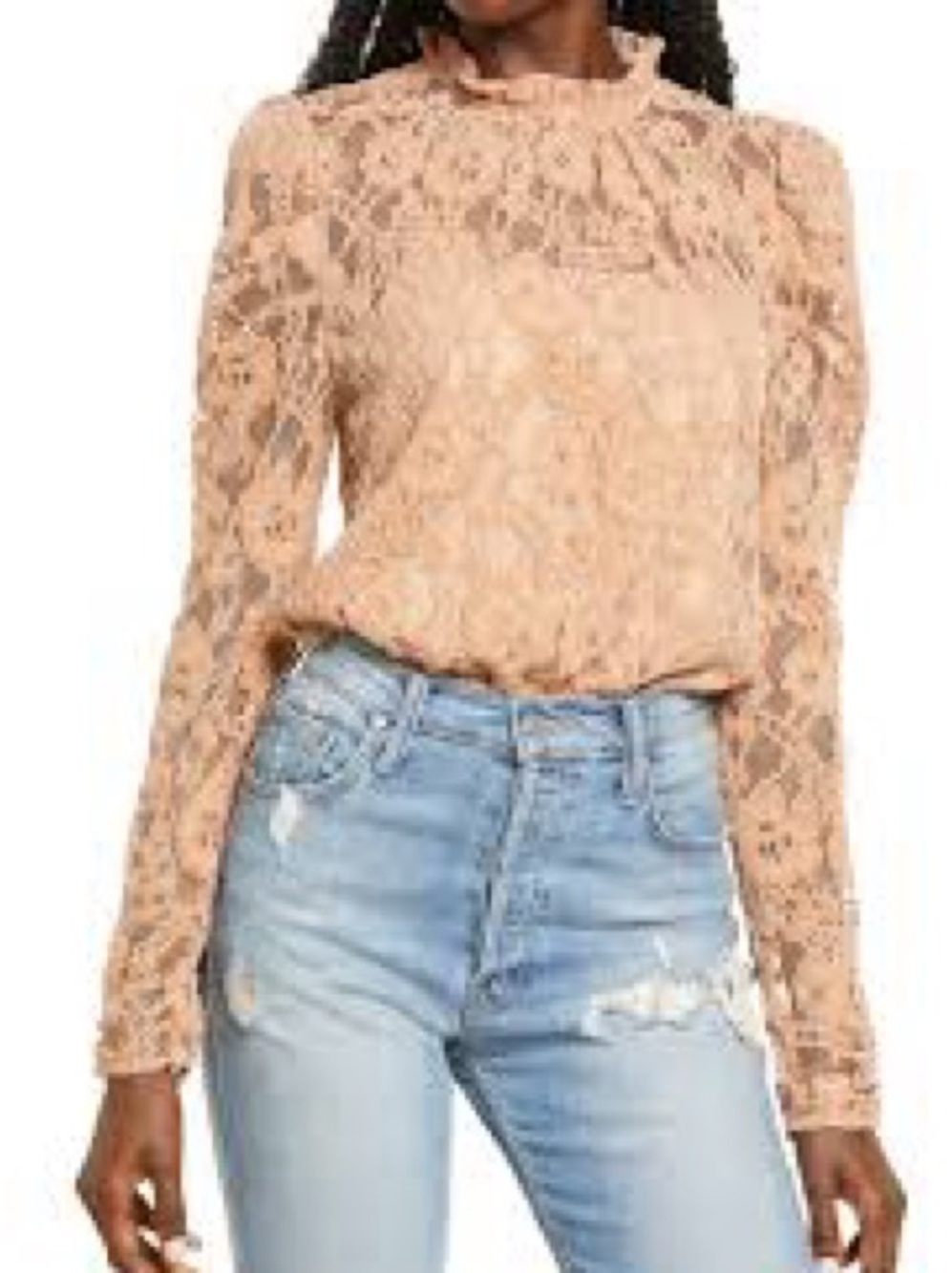 WAYF Emma Lace High-Neck Puffed Long-Sleeve Nude Bodysuit - Size Medium